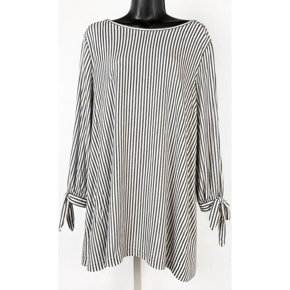 Max Studio Striped Blouse Black White 1X Tie Sleeve Boho Minimalist Tunic Top